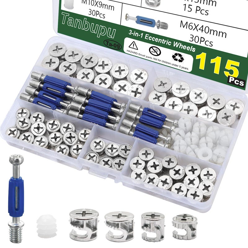 Tanbupu 115Pcs Cam Locks for Furniture, 3-in-1 Eccentric Wheels Bolt, Cam Lock Nuts and Screws, Connecting Fastener Cabinet Connectors Hardware, Multi-Size Nut & Bolt Assortment Sets - Image 1